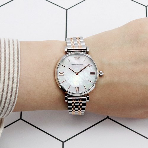 Emporio Armani Gianni T-Bar Mother of Pearl Dial Two Tone Steel Strap Watch For Women - AR1987 Buy Now By Emporio Armani