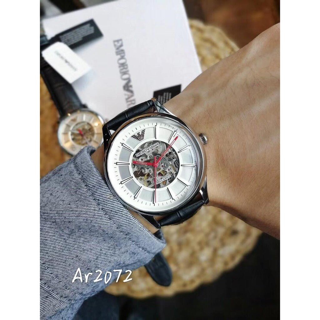 Emporio Armani Meccanico Silver Skeleton Dial Black Leather Strap Watch For Men - AR2072 Buy Now By Emporio Armani