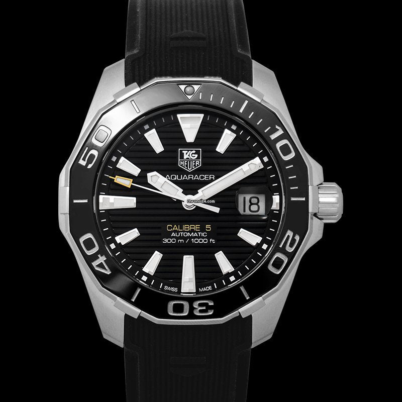 Tag Heuer Aquaracer Calibre 5 Automatic Black Dial Black Rubber Strap Watch for Men - WAY211A.FT6151 Buy Now By Tag Heuer