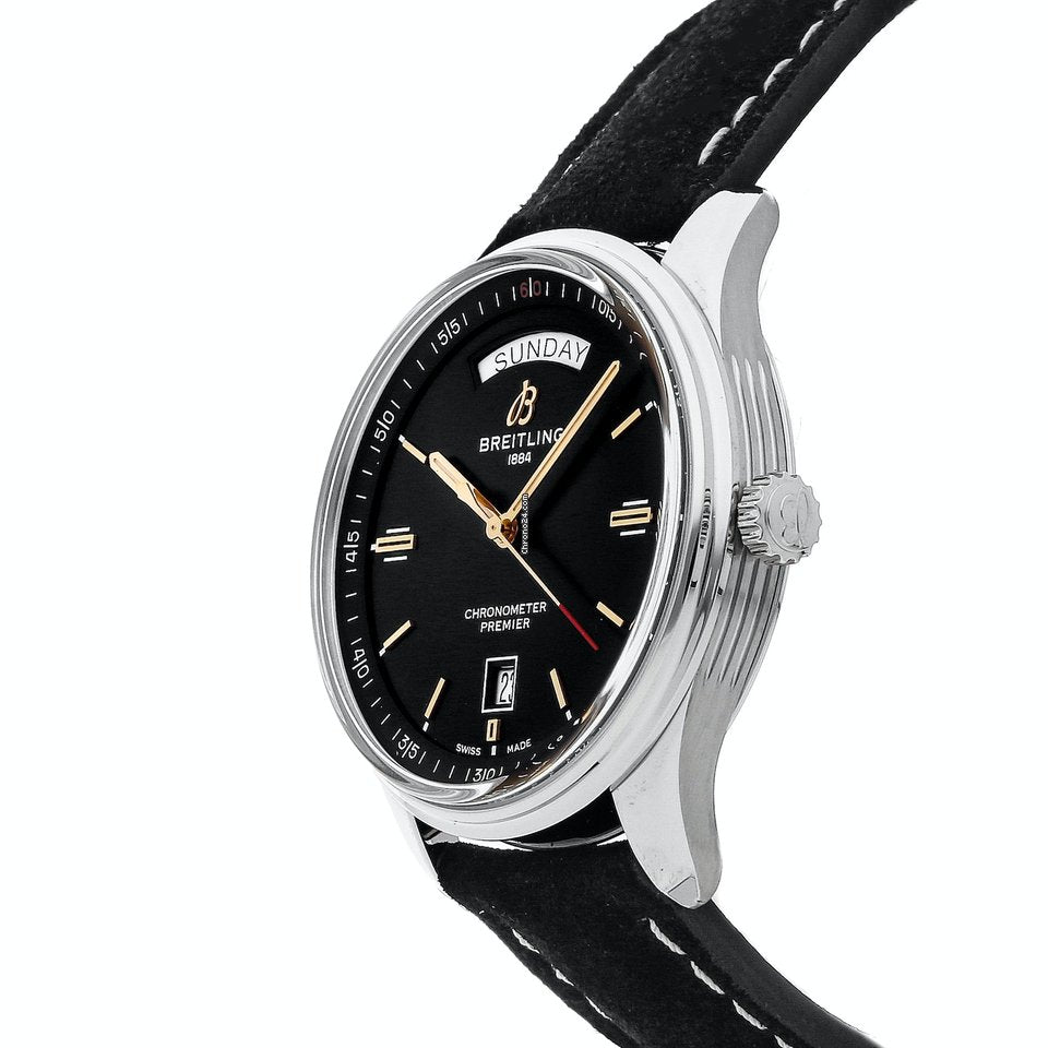Breitling Premier Automatic 40mm Day & Date Black Dial Black Leather Strap Mens Watch - A45340241B1P2 Buy Now By Breitling