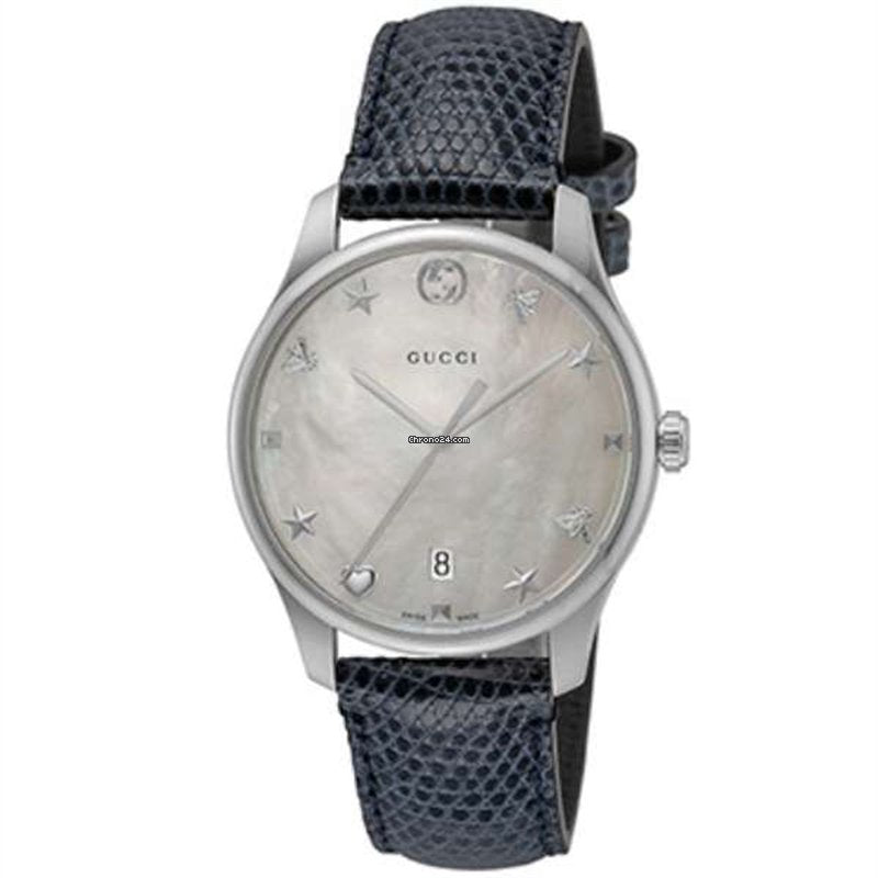 Gucci G-Timeless Signature Mother of Pearl Silver Dial Blue Leather Strap Watch For Women - YA1264049 Buy Now By Gucci