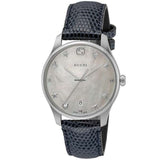 Gucci G-Timeless Signature Mother of Pearl Silver Dial Blue Leather Strap Watch For Women - YA1264049 Buy Now By Gucci