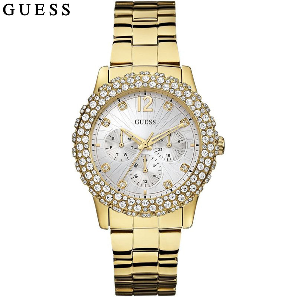 Guess Dazzler Diamonds Silver Dial Gold Steel Strap Watch for Women - W0335L2 Buy Now By Guess
