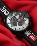 Diesel Mega Chief Chronograph Silver Dial Black Leather Strap Watch For Men - DZ4512 Buy Now By Diesel
