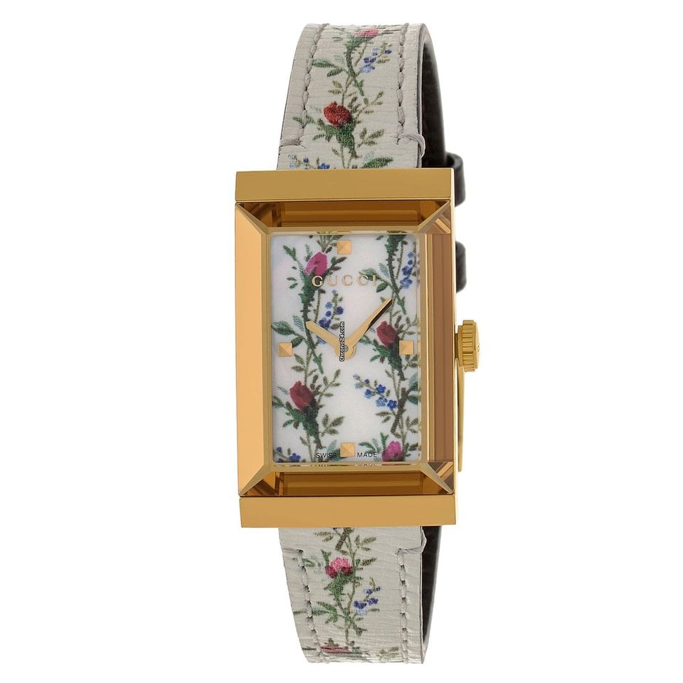 Gucci G-Frame Floral Mother of Pearl Dial White Leather Strap Watch For Women - YA147407 Buy Now By Gucci