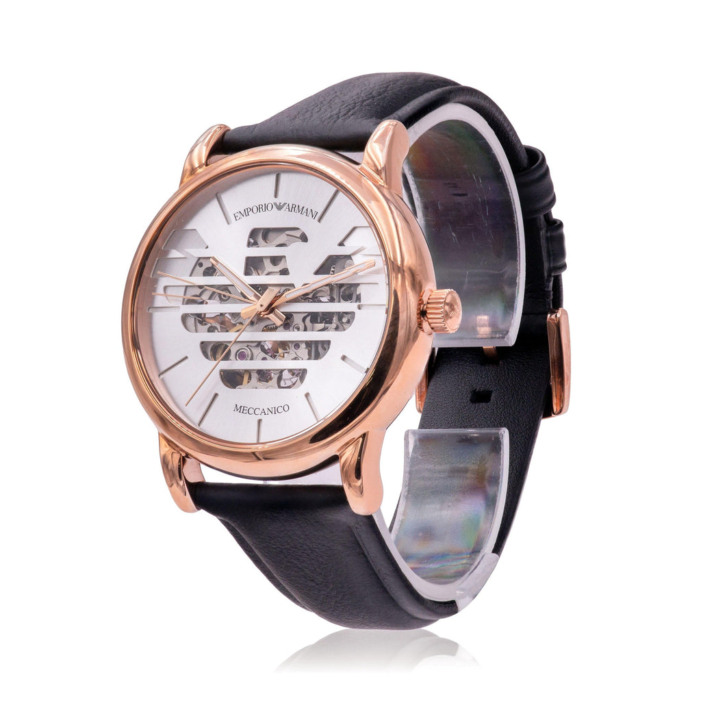 Emporio Armani Meccanico Skeleton Silver Dial Black Leather Strap Watch For Men - AR60031 Buy Now By Emporio Armani