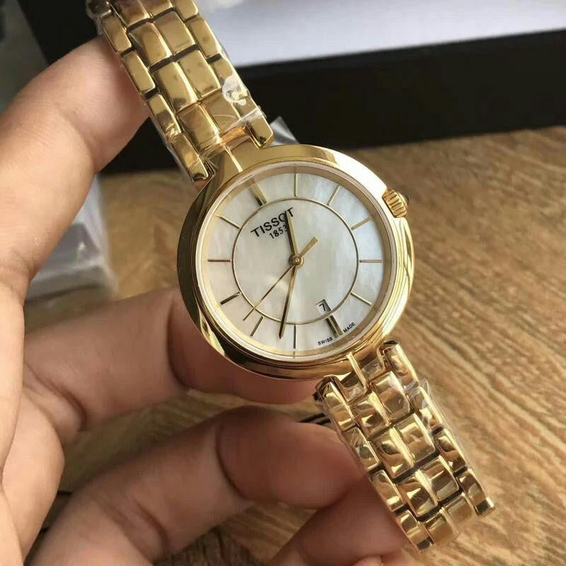 Tissot Flamingo Mother of Pearl White Dial Gold Steel Strap Watch For Women - T094.210.33.111.00 Buy Now By Tissot