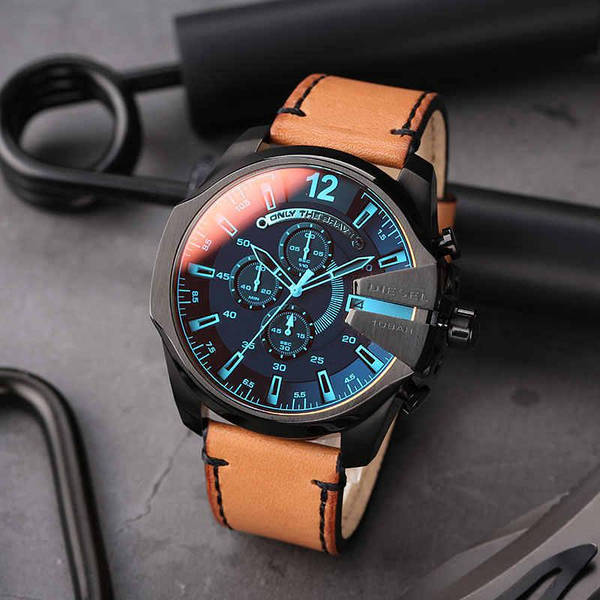 Diesel Mega Chief Chronograph Black Dial Brown Leather Strap Watch For Men - DZ4476 Buy Now By Diesel