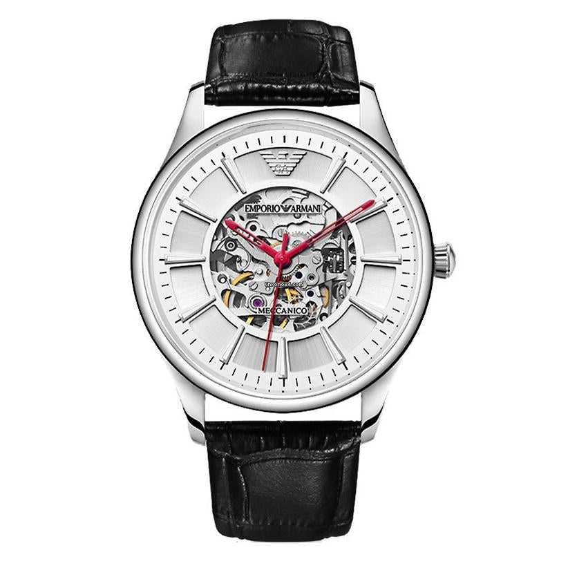 Emporio Armani Meccanico Silver Skeleton Dial Black Leather Strap Watch For Men - AR2072 Buy Now By Emporio Armani