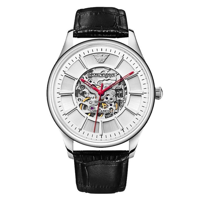 Emporio Armani Meccanico Silver Skeleton Dial Black Leather Watch For Men - AR1997 Buy Now By Emporio Armani