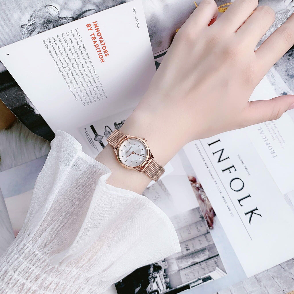 Calvin Klein Minimal White Dial Rose Gold Mesh Bracelet Watch for Women - K3M23626