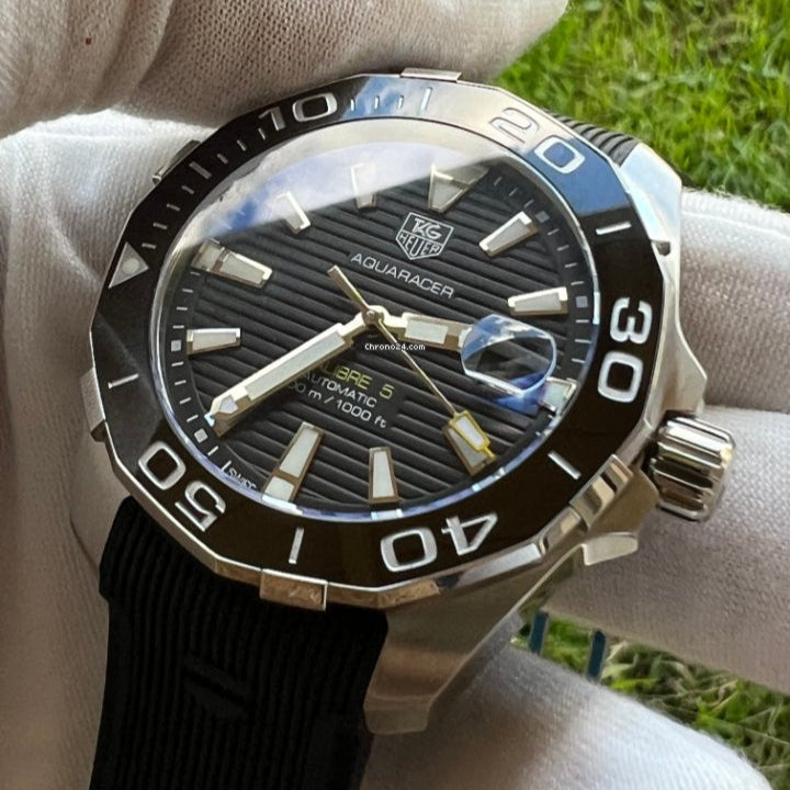 Tag Heuer Aquaracer Calibre 5 Automatic Black Dial Black Rubber Strap Watch for Men - WAY211A.FT6151 Buy Now By Tag Heuer