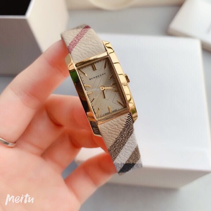 Burberry Pioneer Gold Dial Haymarket Beige Leather Strap Watch for Women - BU9509 Buy Now By Burberry