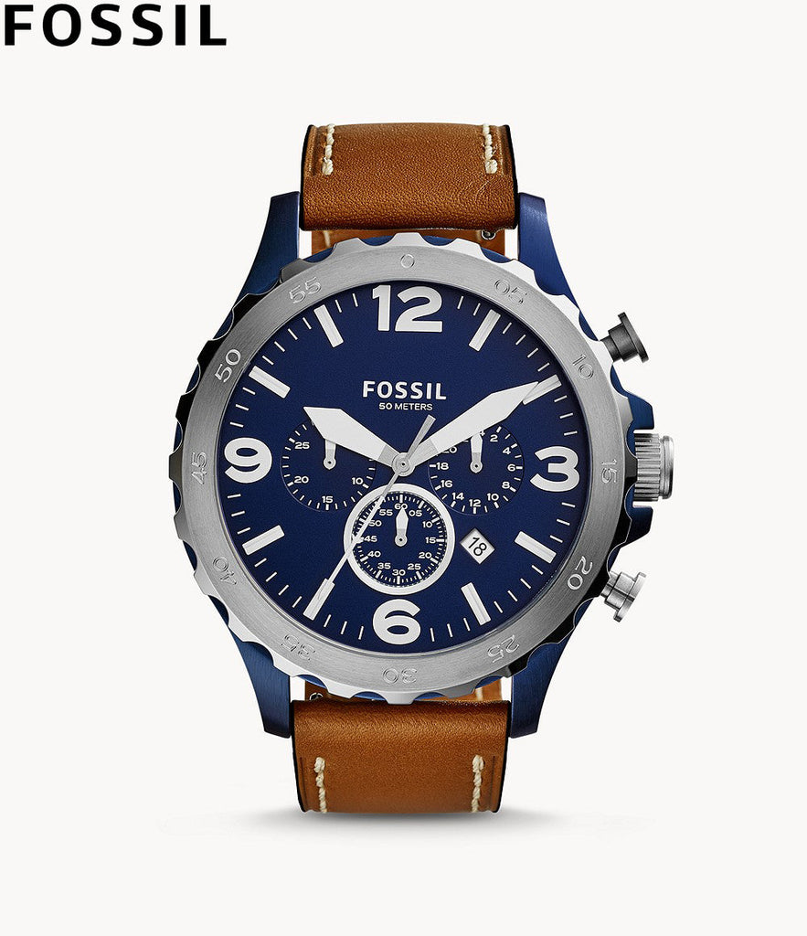 Fossil Nate Chronograph Navy Blue Dial Brown Leather Strap Watch for Men - JR1504 Buy Now By Fossil