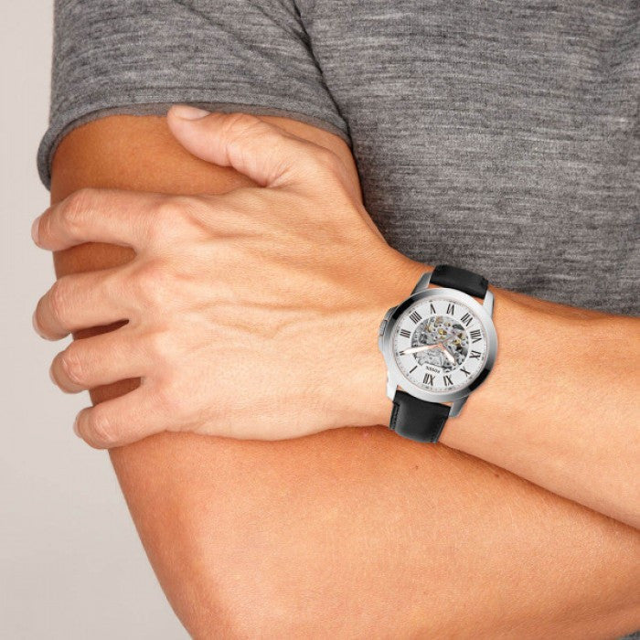 Fossil Grant Automatic Skeleton White Dial Black Leather Strap Watch for Men - ME3101 Buy Now By Fossil