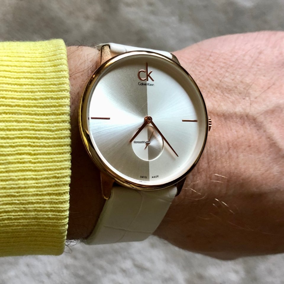 Calvin Klein Accent Silver Dial White Leather Strap Watch for Women - K2Y211K6 Buy Now By Calvin Klein