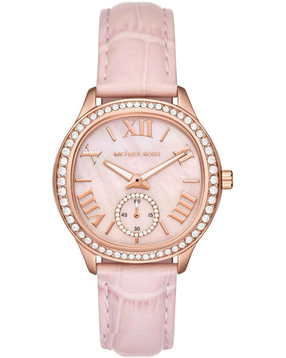 Michael Kors Sage Three-Hand Mother of Pearl Pink Dial Pink Leather Strap Watch for Women - MK4820 Buy Now By Michael Kors