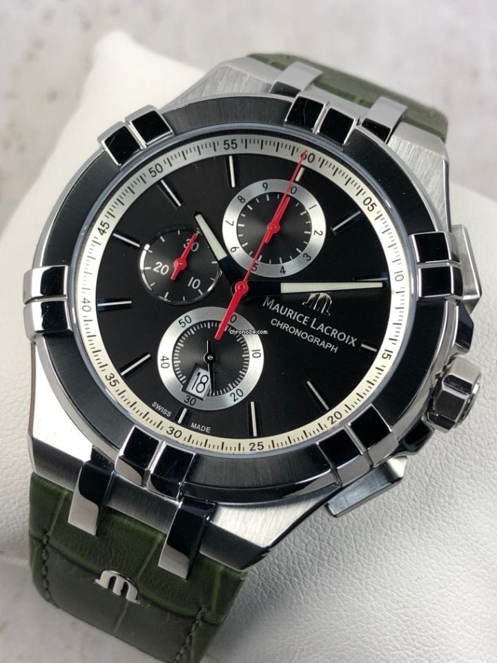 Maurice Lacroix Aikon Chronograph Black Dial Green Leather Strap Watch for Men - AI1018-PVB21-330-1 Buy Now By Maurice Lacroix