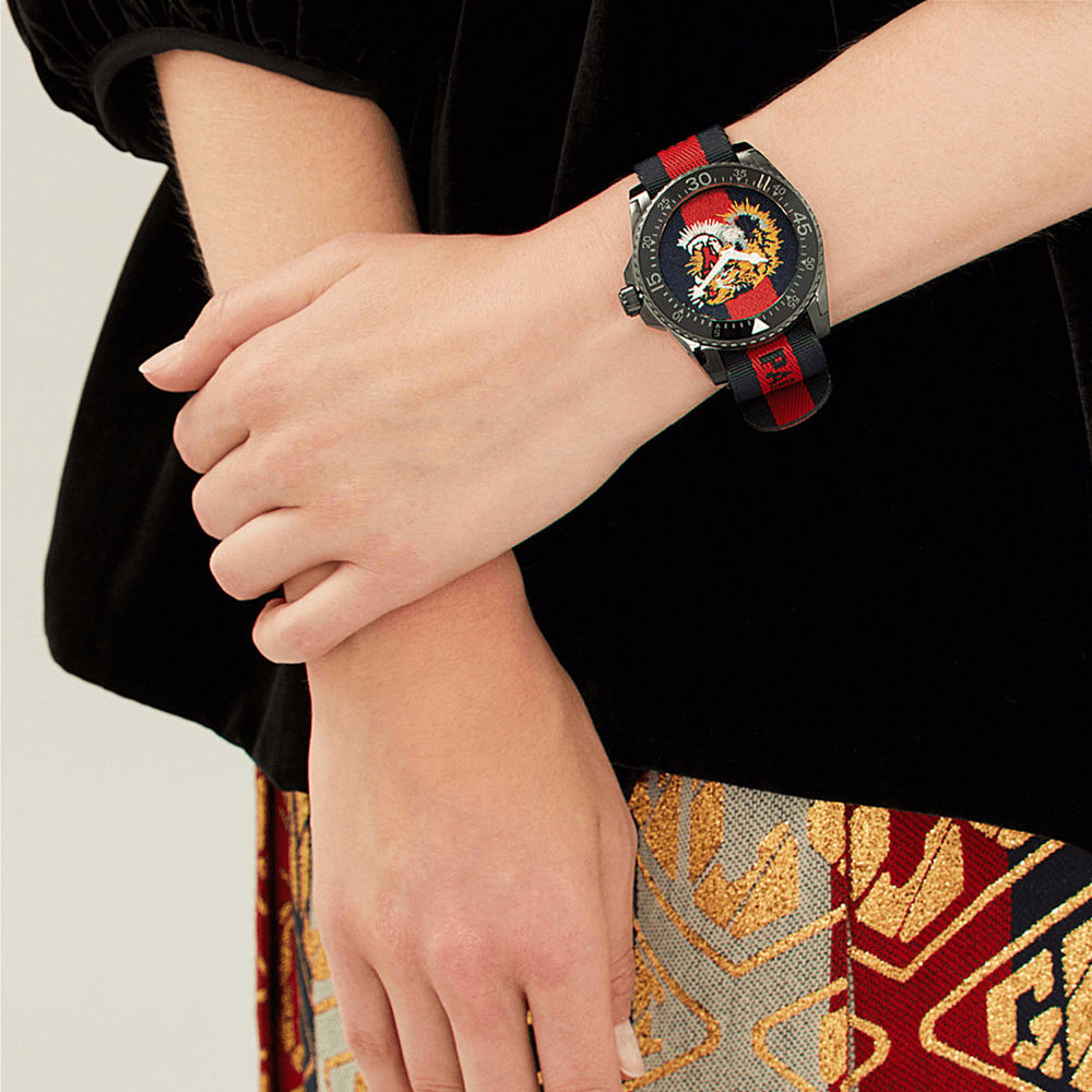 Gucci Dive Tiger Blue and Red Dial Blue Red Blue Nylon Strap Watch For Men - YA136215 Buy Now By Gucci