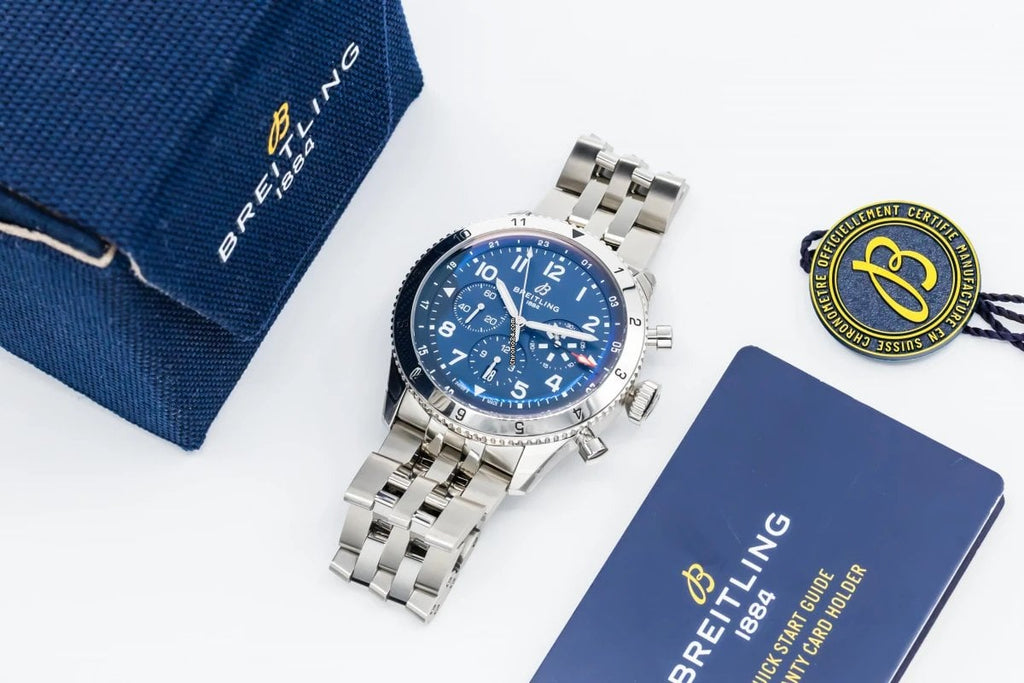 Breitling Super Avi B04 Chronograph GMT 46 Tribute to Vought F4U Corsair Blue Dial Silver Steel Strap Watch for Men - AB04451A1C1A1 Buy Now By Breitling