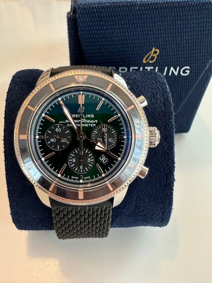 Breitling Superocean Heritage B01 Chronograph 44 Limited Edition Green Dial Black Mesh Bracelet Watch for Women - UB01622A1L1S1 Buy Now By Breitling
