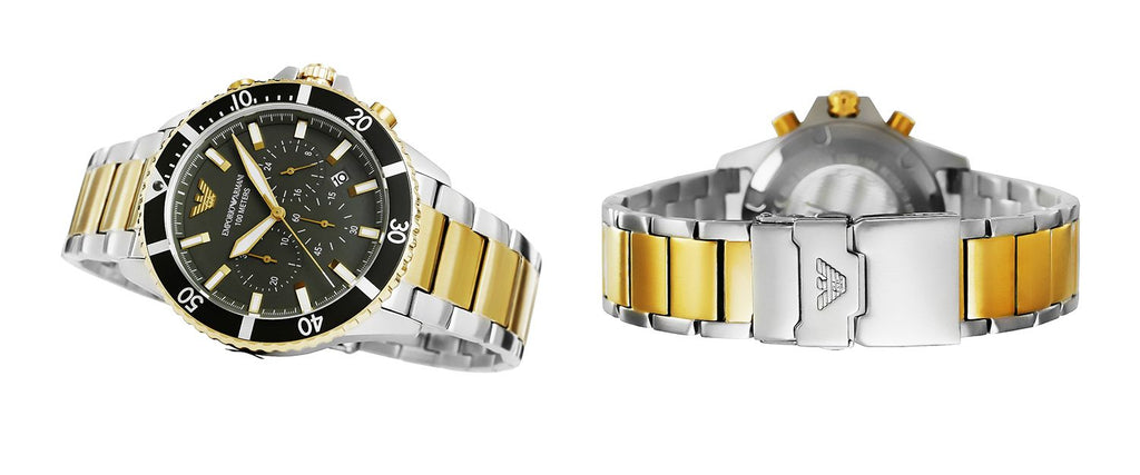 Emporio Armani Diver Chronograph Green Dial Two Tone Steel Strap Watch For Men - AR11361