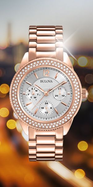 Bulova Crystal Silver Dial Rose Gold Steel Strap Watch for Women - 97N101 Buy Now By Bulova