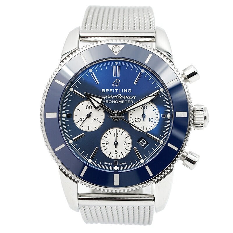 Breitling Superocean Heritage B01 Chronograph 44 Blue Dial Silver Mesh Bracelet Watch for Men - AB0162161C1A1 Buy Now By Breitling