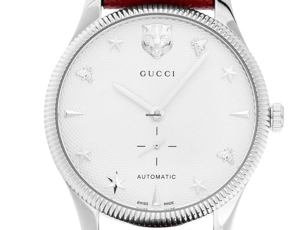 Gucci G Timeless Automatic Silver Dial Red Leather Strap Watch For Men - YA126346 Buy Now By Gucci