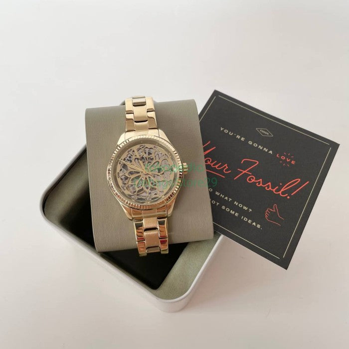 Fossil Rye Automatic Skeleton Gold Dial Gold Steel Strap Watch for Women - BQ3755 Buy Now By Fossil