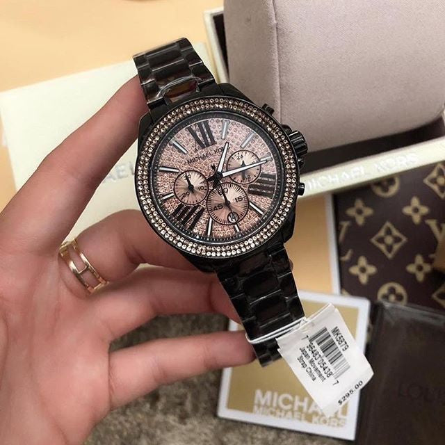 Michael Kors Wren Chronograph Gold Diamonds Dial Black Steel Strap Watch for Women - MK5879 Buy Now By Michael Kors