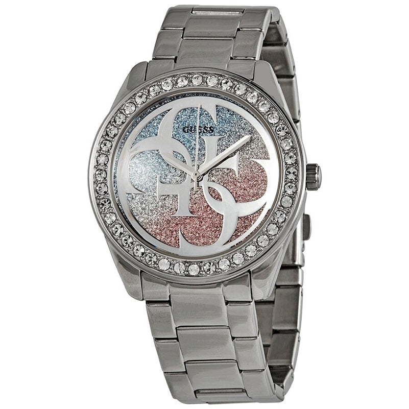 Guess G Twist Diamonds Purple Dial Black Steel Strap Watch For Women - W1201L4 Buy Now By Guess