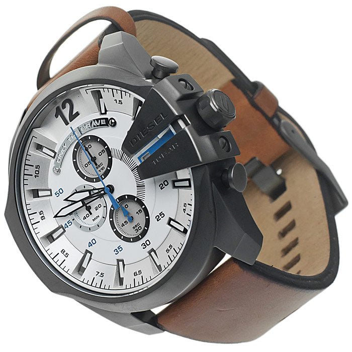 Diesel Mega Chief Chronograph White Dial Brown Leather Strap Watch For Men - DZ4280 Buy Now By Diesel