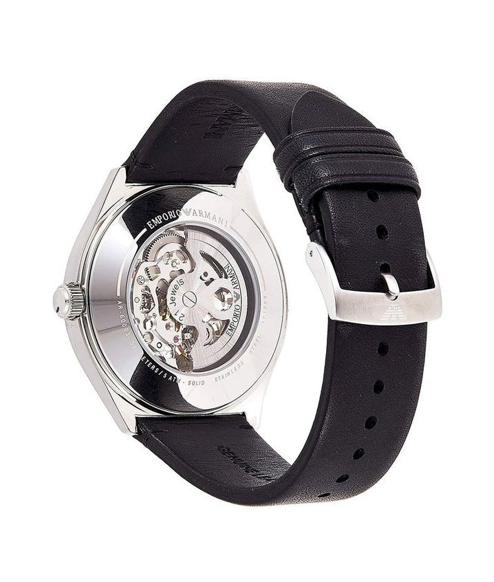 Emporio Armani Meccanico White Skeleton Dial Black Leather Strap Watch For Men - AR60003 Buy Now By Emporio Armani