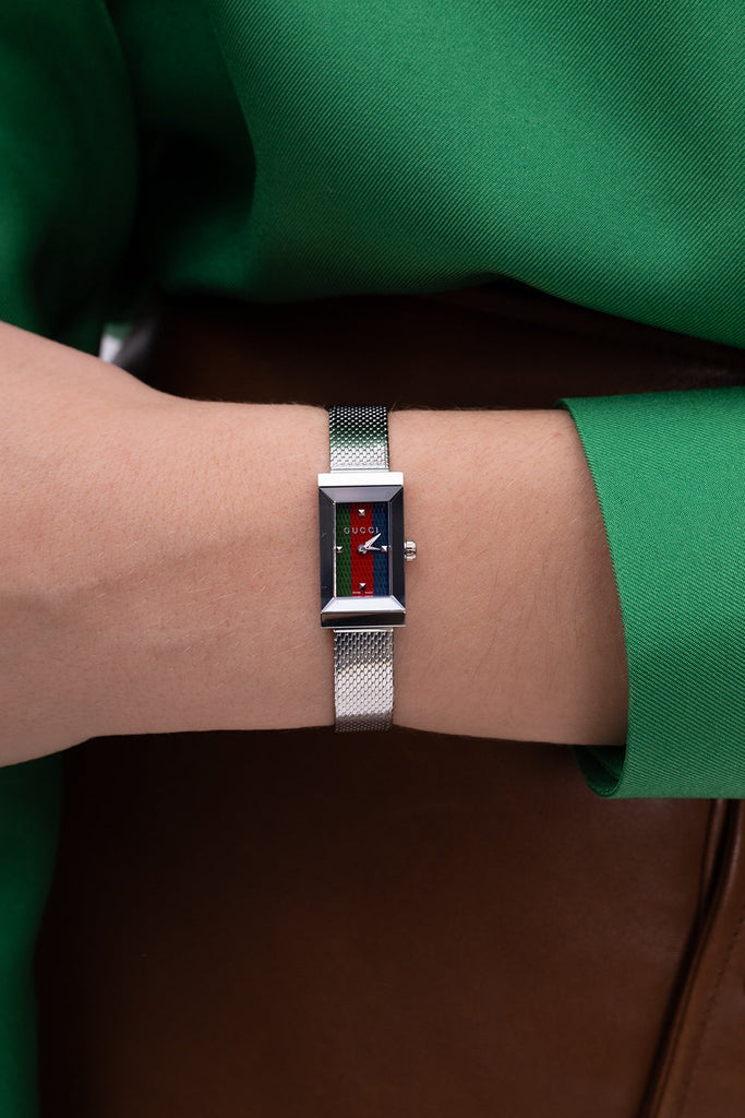 Gucci G Frame Quartz Diamonds Green & Red Mother of Pearl Dial Silver Mesh Bracelet Watch For Women - YA147510 Buy Now By Gucci