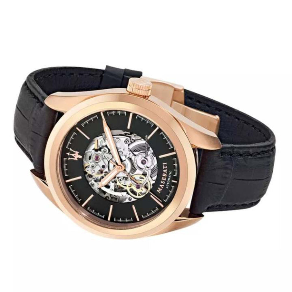 Maserati Traguardo Automatic Black Skeleton Dial Black Leather Strap Watch For Men - R8821112001 Buy Now By Maserati