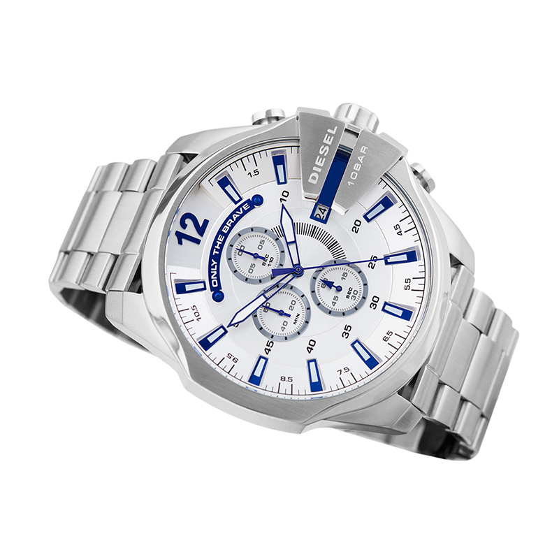 Diesel Mega Chief Chronograph White Dial Silver Steel Strap Watch For Men - DZ4477 Buy Now By Diesel