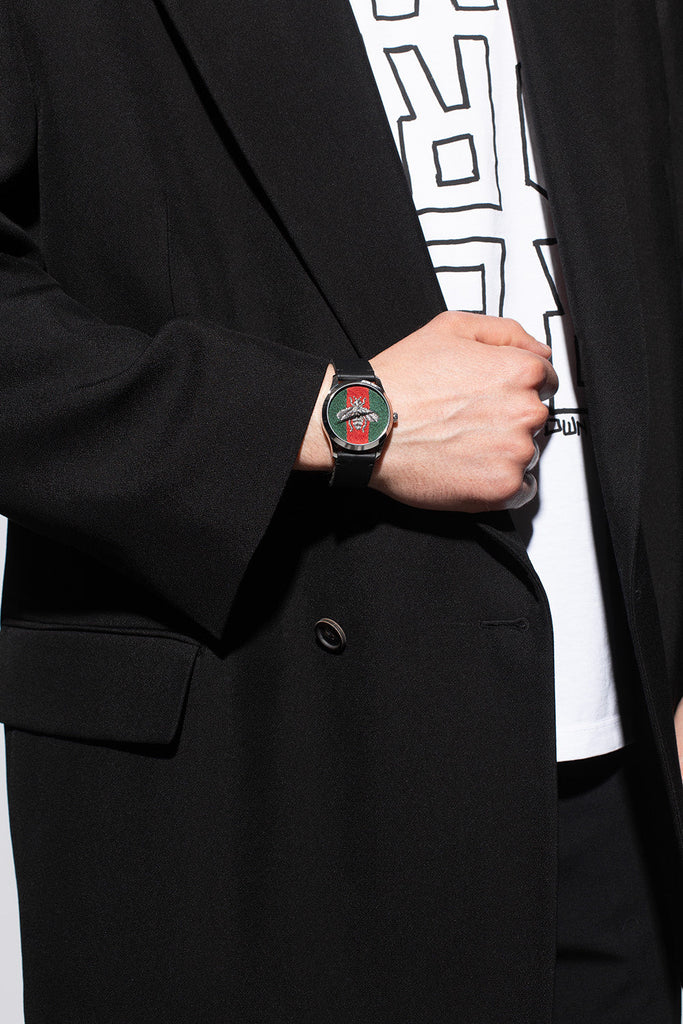 Gucci G Timeless Quartz Green & Red Dial Black Leather Strap Watch For Men - YA1264149 Buy Now By Gucci