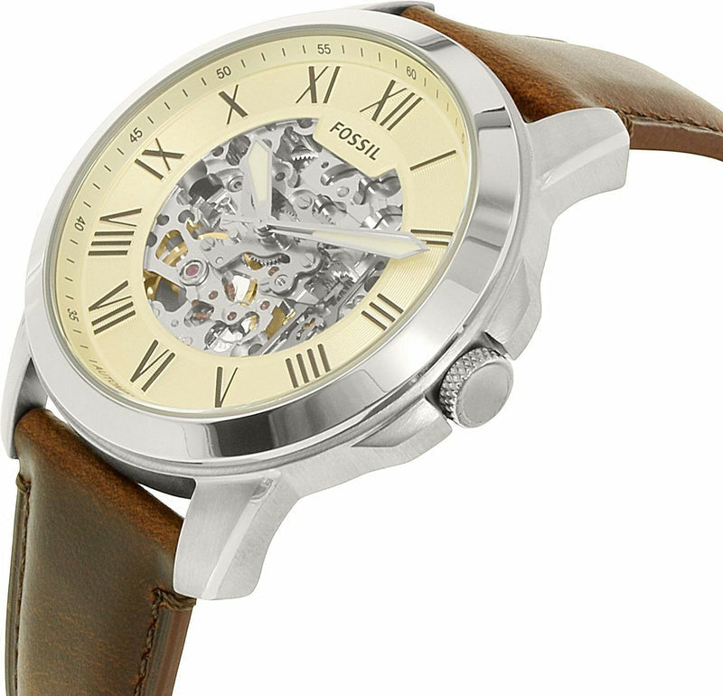 Fossil Grant Automatic Beige Skeleton Dial Brown Leather Strap Watch for Men - ME3099 Buy Now By Fossil