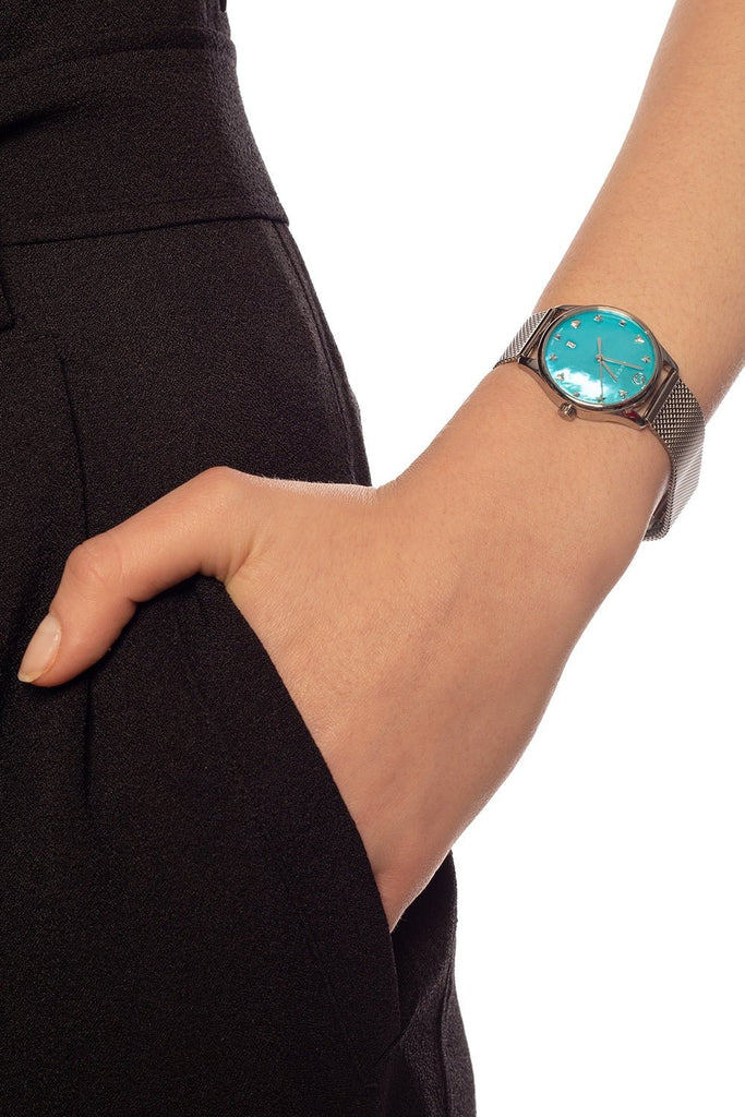 Gucci G-Timeless Turquoise Mother of Pearl Dial Silver Mesh Bracelet Watch For Women - YA126582