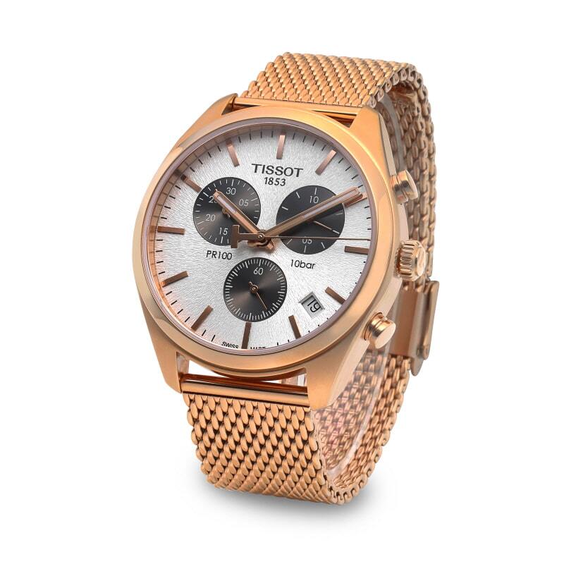 Tissot T Classic PR 100 Chronograph Silver Dial Rose Gold Mesh Bracelet Watch For Men - T101.417.33.031.01 Buy Now By Tissot