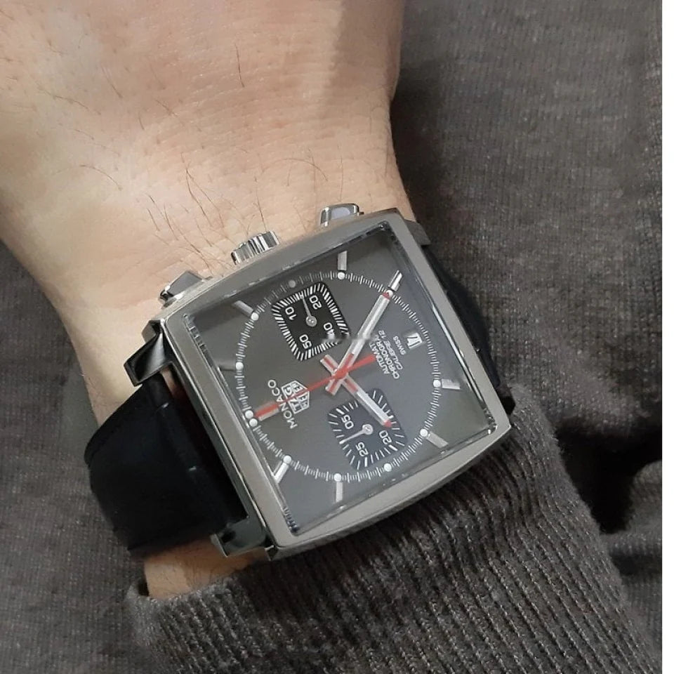 Tag Heuer Monaco Calibre 12 Final Edition Chronograph Grey Dial Black Leather Strap Watch for Men - CAW211J.FC6476