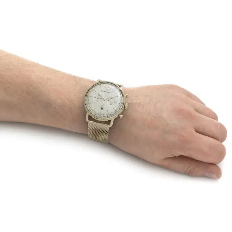 Emporio Armani Aviator Chronograph Quartz Beige Dial Gold Mesh Bracelet Watch For Men - AR11315 Buy Now By Emporio Armani