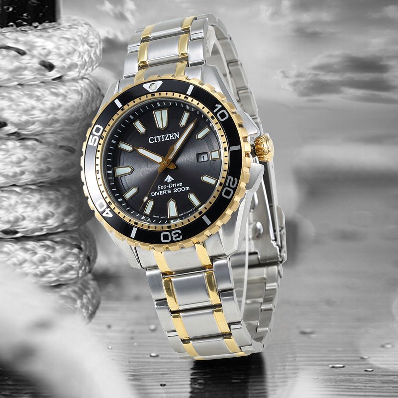 Citizen Eco Drive Promaster Diver Black Dial Two Tone Steel Strap Watch For Men - BN0194-57E Buy Now By Citizen