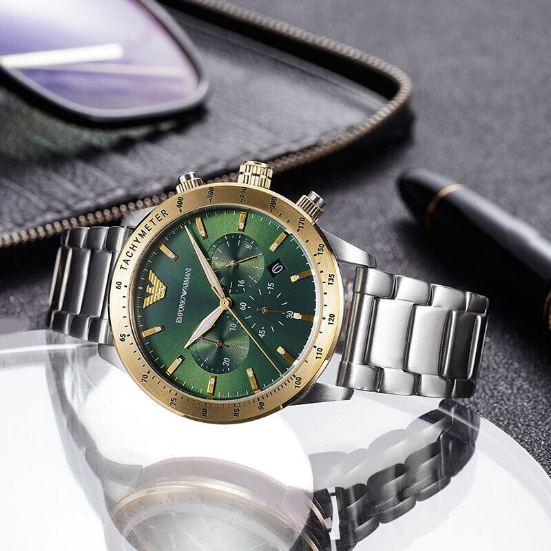 Emporio Armani Mario Chronograph Green Dial Silver Steel Strap Watch For Men - AR11454 Buy Now By Emporio Armani