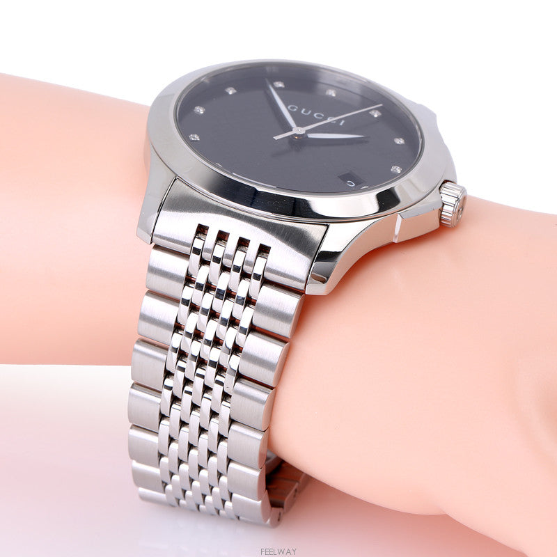 Gucci G Timeless Diamonds Black Dial Silver Steel Strap Watch For Men - YA126405 Buy Now By Gucci