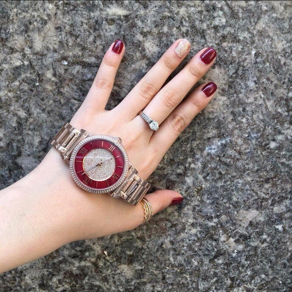 Michael Kors Caitlin Red Dial Rose Gold Stainless Steel Strap Watch for Women - MK3377 Buy Now By Michael Kors