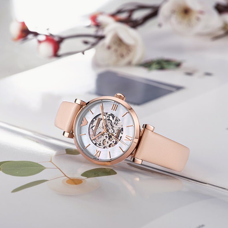 Emporio Armani Meccanico Silver Skeleton Dial Beige Leather Strap Watch For Women - AR60001 Buy Now By Emporio Armani