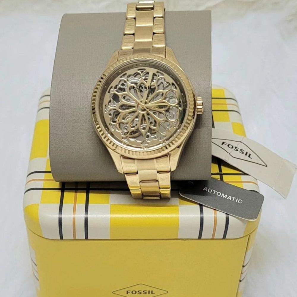 Fossil Rye Automatic Skeleton Gold Dial Gold Steel Strap Watch for Women - BQ3755 Buy Now By Fossil