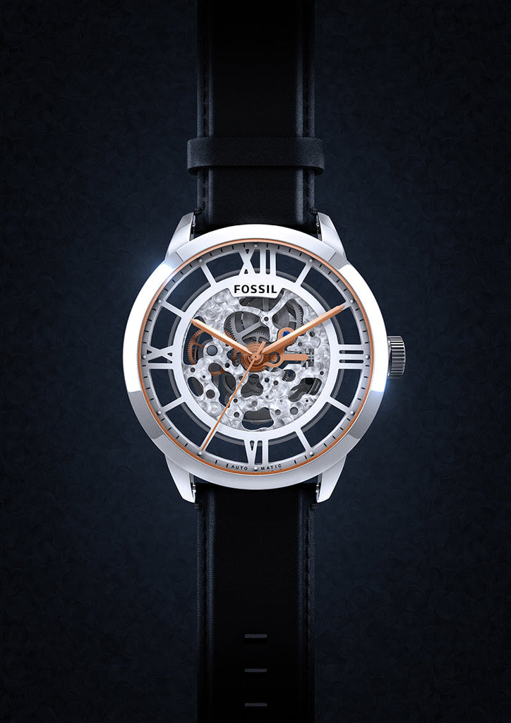 Fossil Townsman Automatic Skeleton Silver Dial Black Leather Strap Watch for Men - ME3041 Buy Now By Fossil